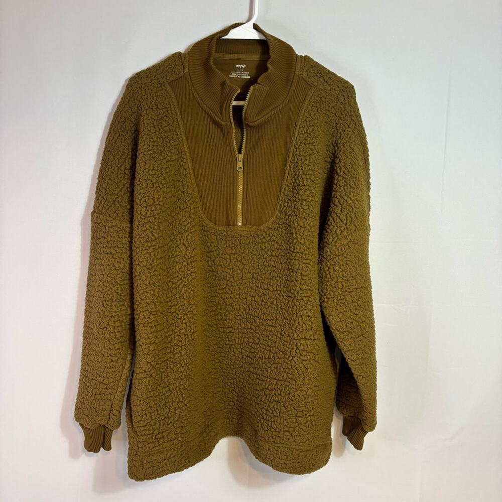 Aerie Tan Sherpa Quarter-Zip Pullover Size Large Bin6